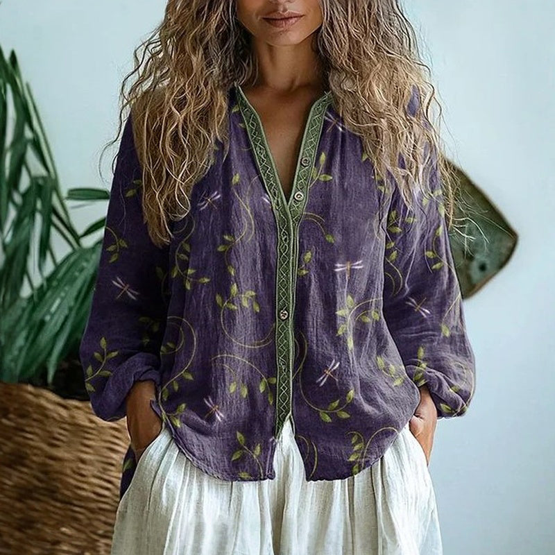 Vintage Bluse Med Bladtryk