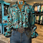 Vintage Bluse Med Abstrakt Tryk