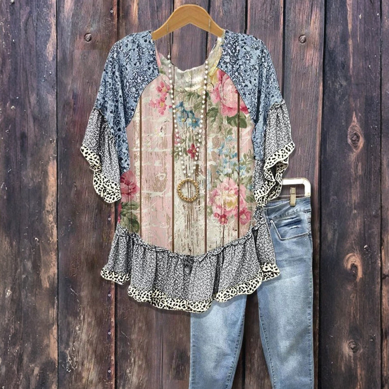 Vintage Blomstermønstret Patchworkbluse