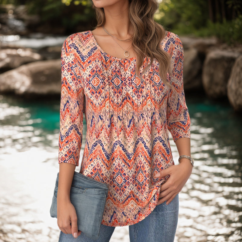 Vintage Bluse Med Abstrakt Trykt