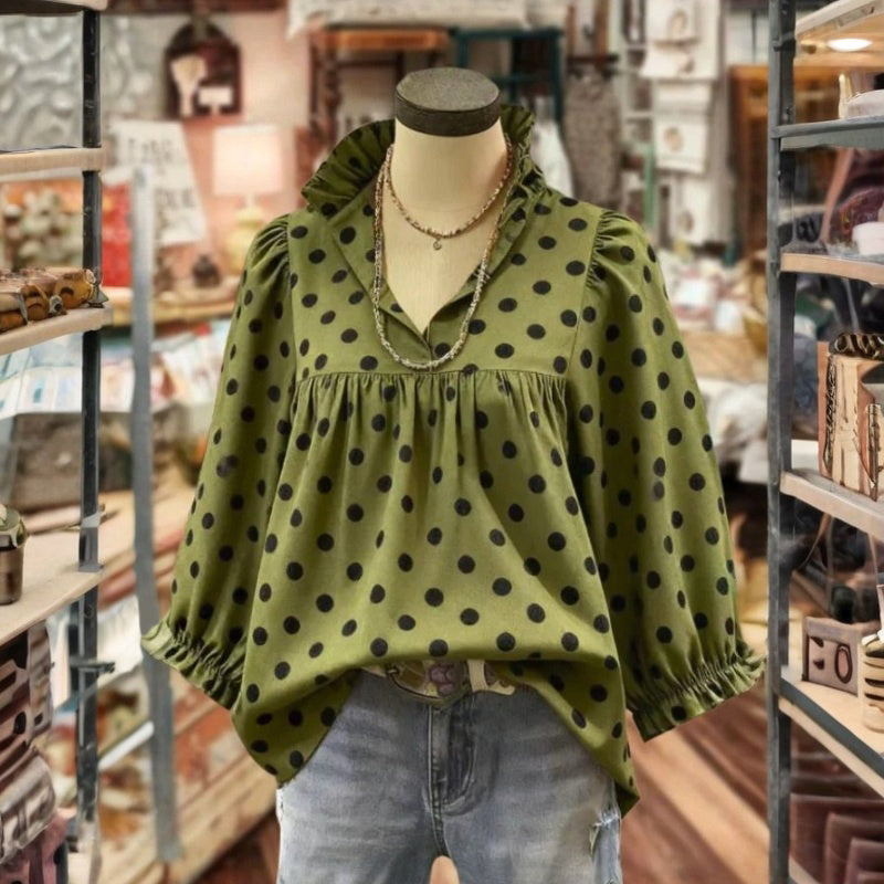 【Langærmet】Vintage Prikket Bluse