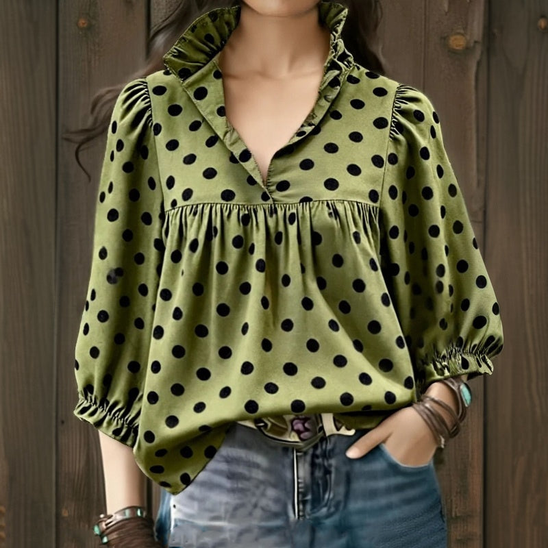 【Langærmet】Vintage Prikket Bluse