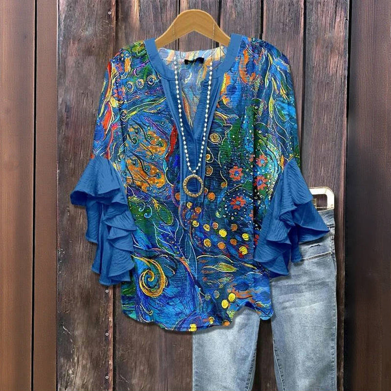 Vintage Bluse Med Abstrakt Tryk
