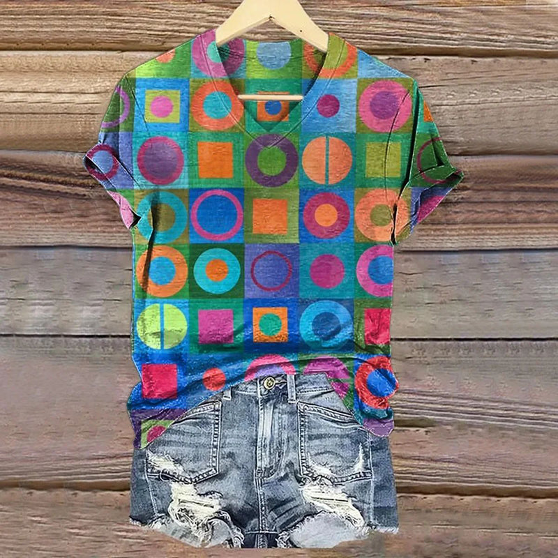 Farverig T-Shirt Med Geometrisk Print