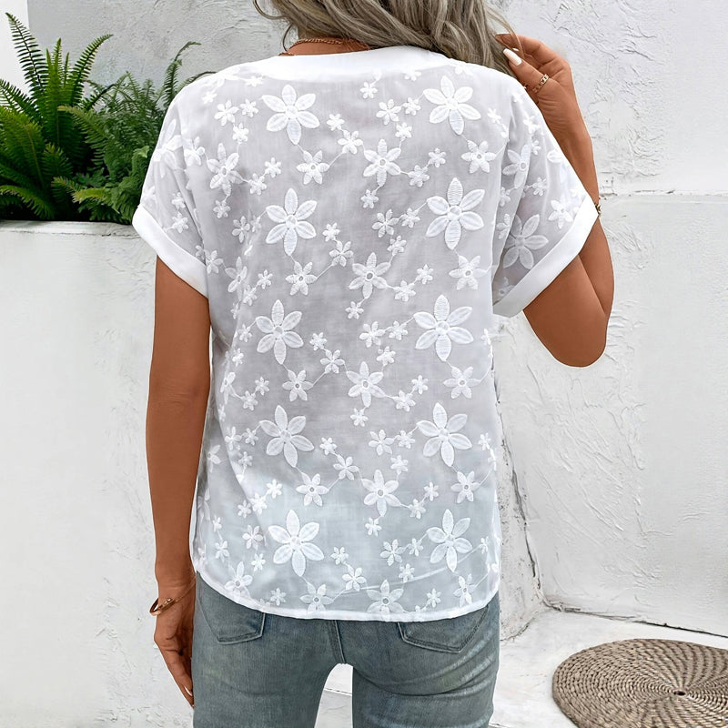 Elegant Blomsterbroderet Bluse