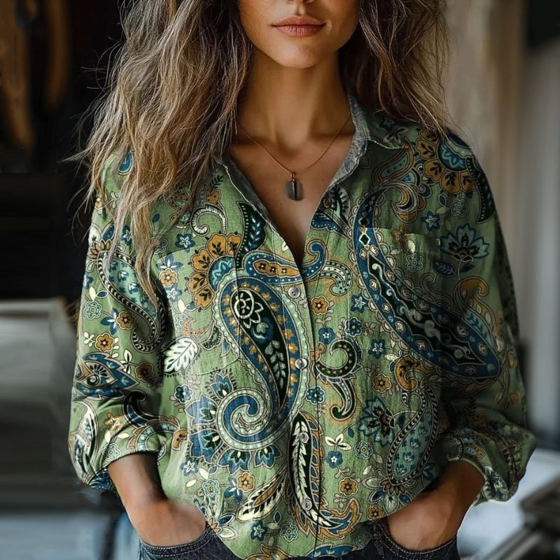 Vintage Bluse Med Etnisk Print