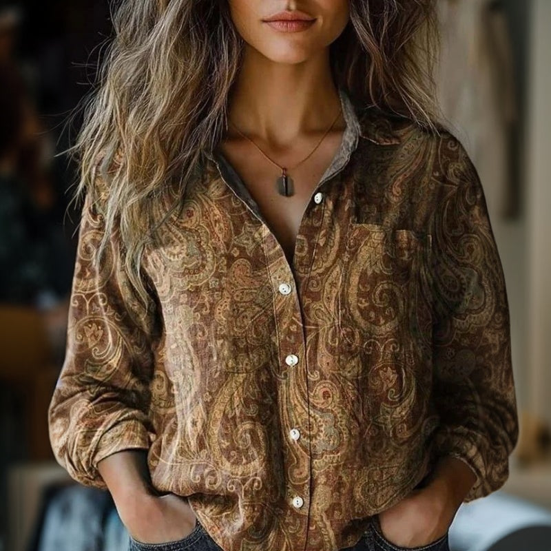 【Langærmet】Vintage Bluse Med Etnisk Print