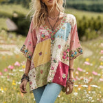 Bluse Med Farveblok Og Blomsterprint