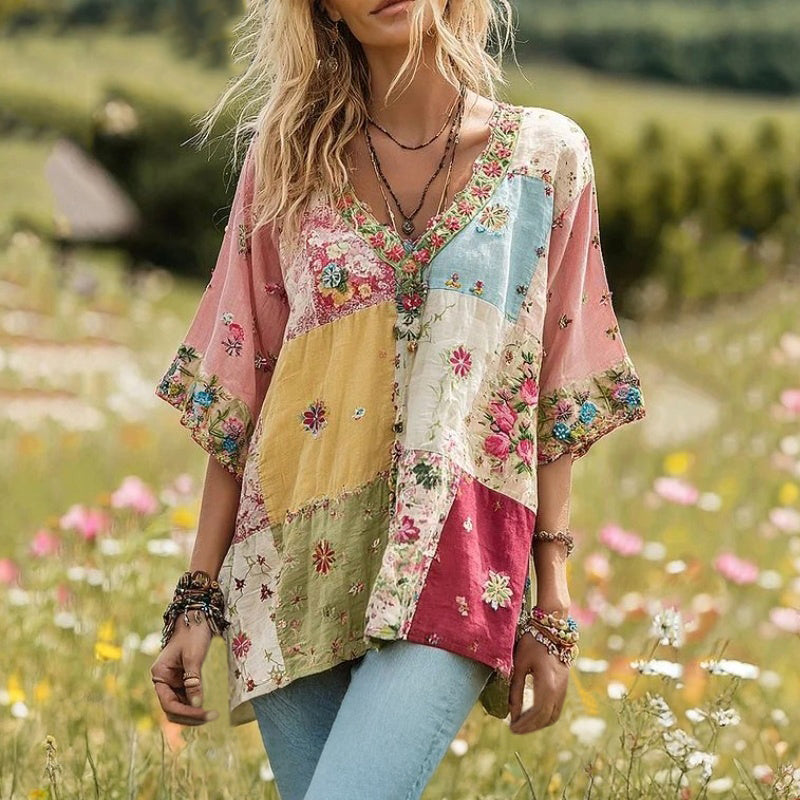 Bluse Med Farveblok Og Blomsterprint