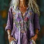 【Langærmet】 Vintage Bluse Med Blomsterprint