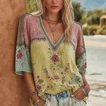 Vintage Bluse Med Farveblok Og Blomsterprint