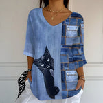 Vintage Bluse Med Kattetryk