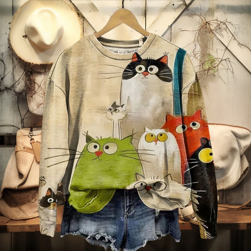 Afslappet Sweatshirt Med Kattetryk