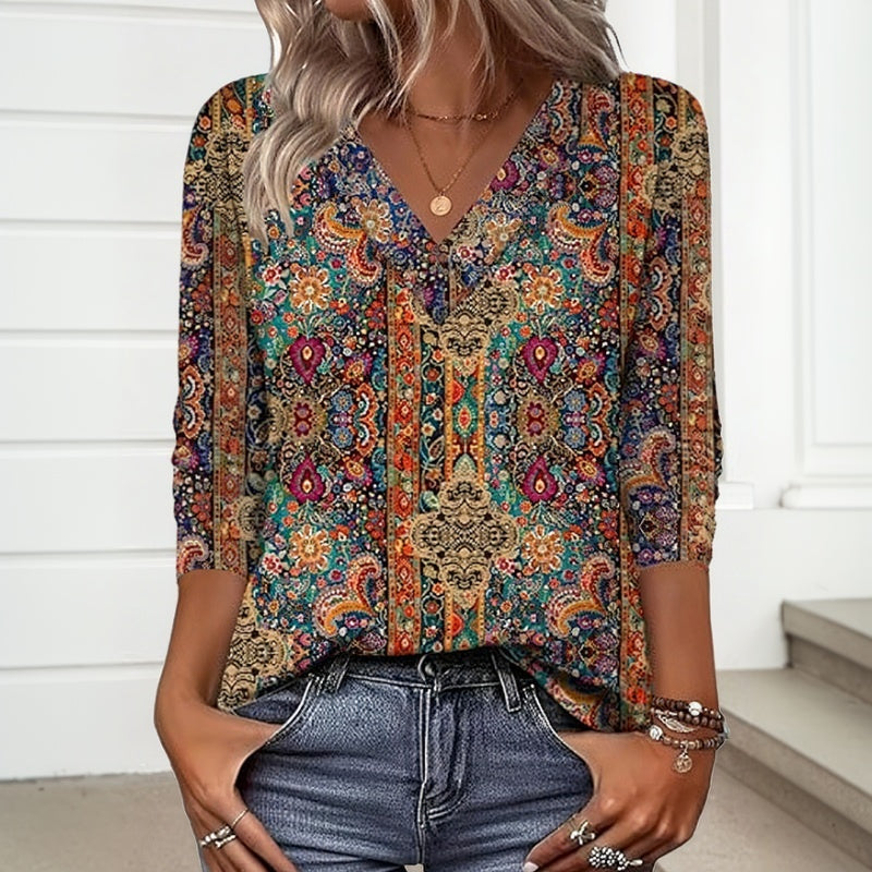 【Langærmet】Vintage T-Shirt Med Etnisk Print