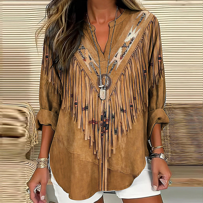 【Langærmet】Vintage Bluse Med Etnisk Print