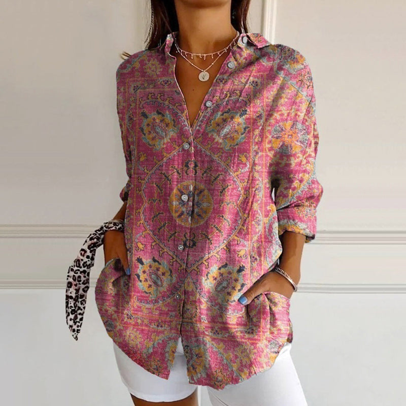 Vintage Bluse Med Etnisk Print